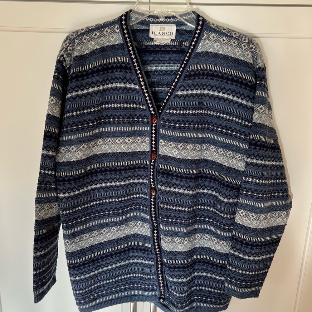 Ilanco Cardigan Sweater blue tones sz M vintage - Picture 3 of 6